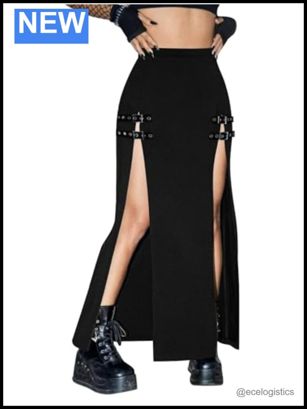 Gothic Maxi Skirt with Double Slits & Buckles, Polyester Spandex